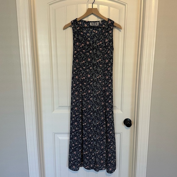 Vintage Lace Up Dress Midi Modest 90s Whimsigoth Fall Floral Blue Size Small - Picture 4 of 7